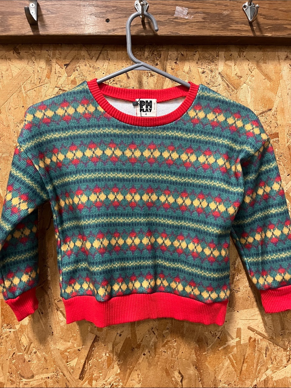Petite Hailey Fleece Crewneck Sweater in Green with Red Trim
